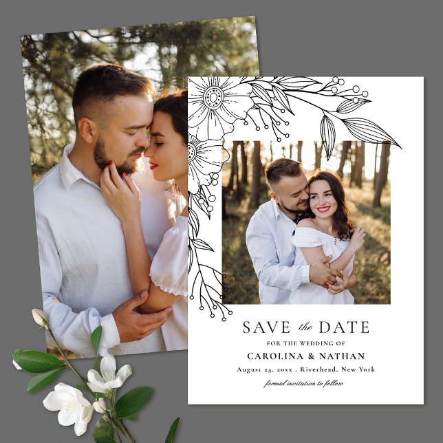 Save The Date Ligne élégante tirée Floral Black 2 Mariage photo (Créateur téléchargé)