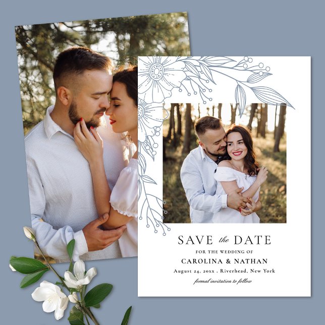 Save The Date Ligne élégante tirée Floral Blue 2 Mariage photo (Créateur téléchargé)