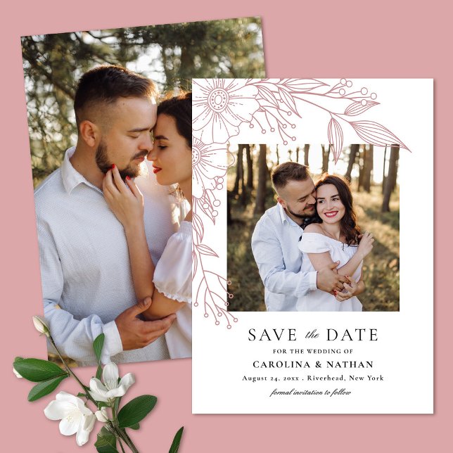 Save The Date Ligne élégante tirée floral Blush 2 Mariage photo (Créateur téléchargé)