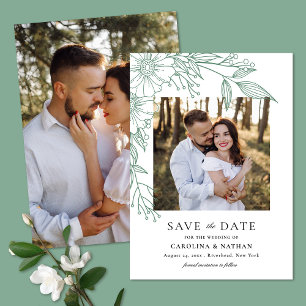 Save The Date Ligne élégante tirée Floral Green 2 Mariage photo