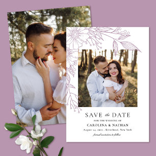 Save The Date Ligne élégante tirée Lavande florale 2 Mariage pho