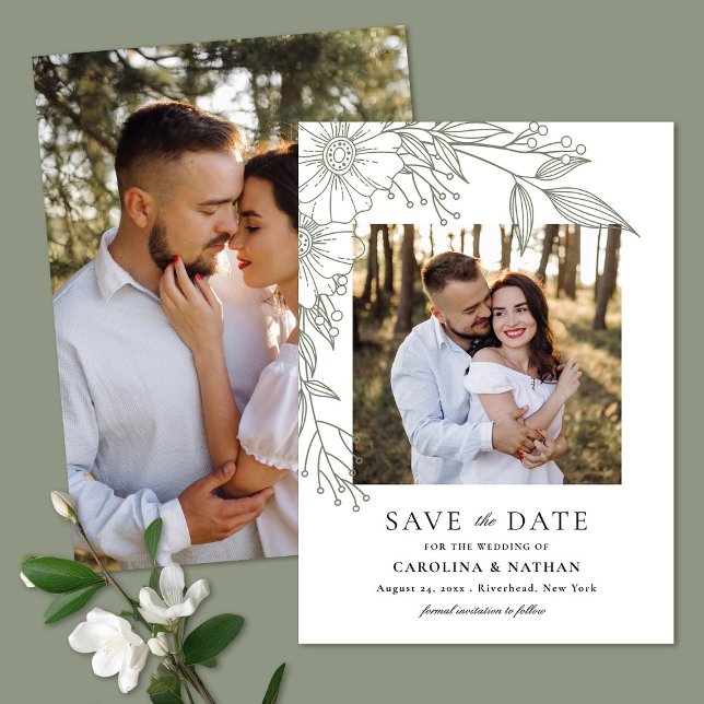 Save The Date Ligne élégante tracée Floral Sage 2 Mariage photo (Créateur téléchargé)