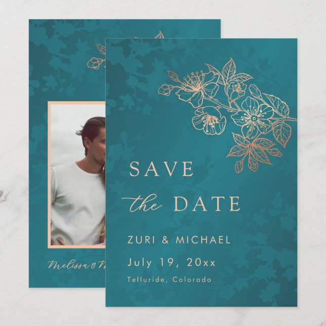 Save The Date Ligne Florale Rose Doré Sarcelle Arquée (Devant / Derrière)