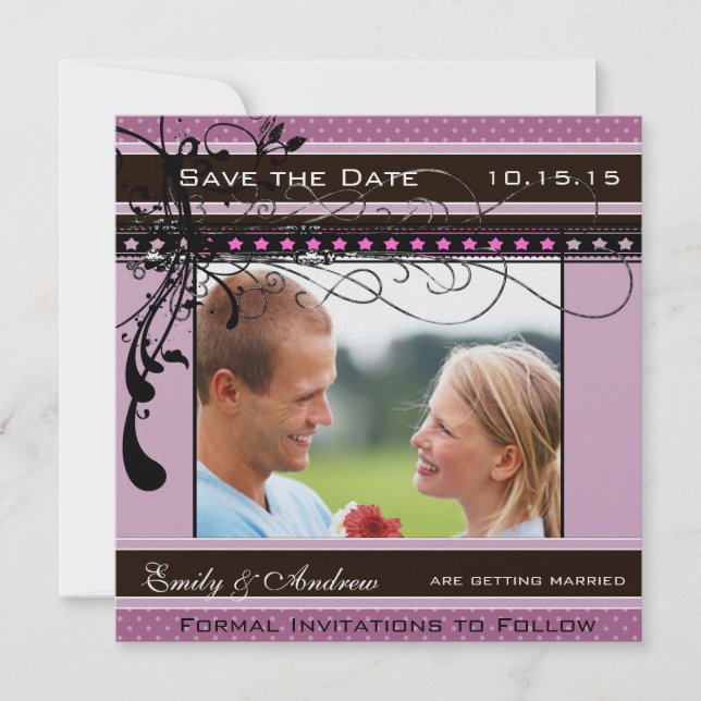 Save The Date Lilac Dots and Swirls Mariage Photo Enregistrer la (Devant)