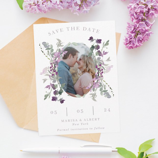 Save The Date Lilac Fleurs sauvages Oval Frame Mariage Photo (Créateur téléchargé)