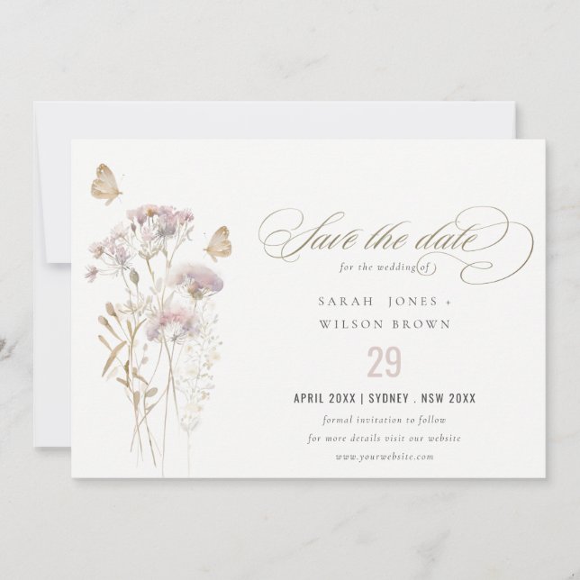 Save The Date Lilac Fougère Fleur Sauvage Aquarelle Mariage Bota (Devant)