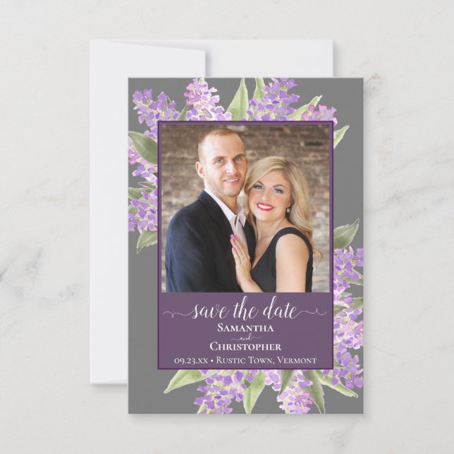 Save The Date Lilacs rustique aquarelle et Mariage gris photo (Devant)