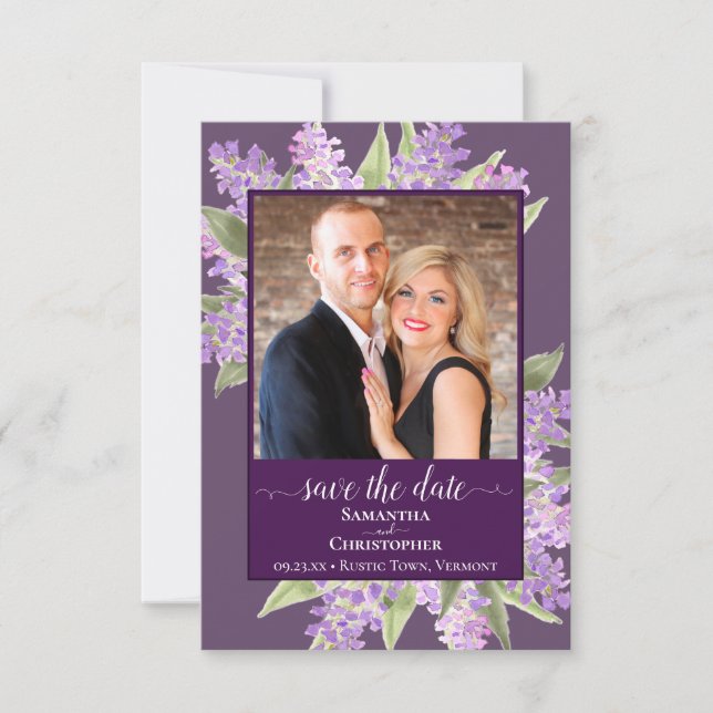 Save The Date Lilacs Rustique Aquarelle et photo Mariage violet (Devant)