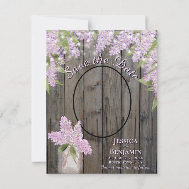 Save The Date Lilas et lumières sur du bois de grange violet pou (Devant)