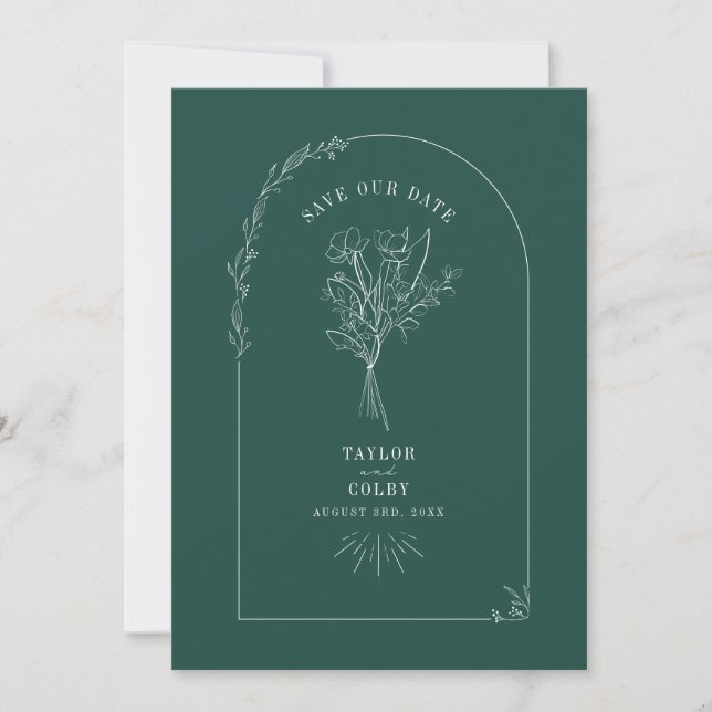 Save The Date Line Art Arch Bouquet Emerald Mariage (Devant)
