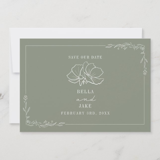 Save The Date Line Art Floral Mariage Sage Green Enregistrer La  (Devant)