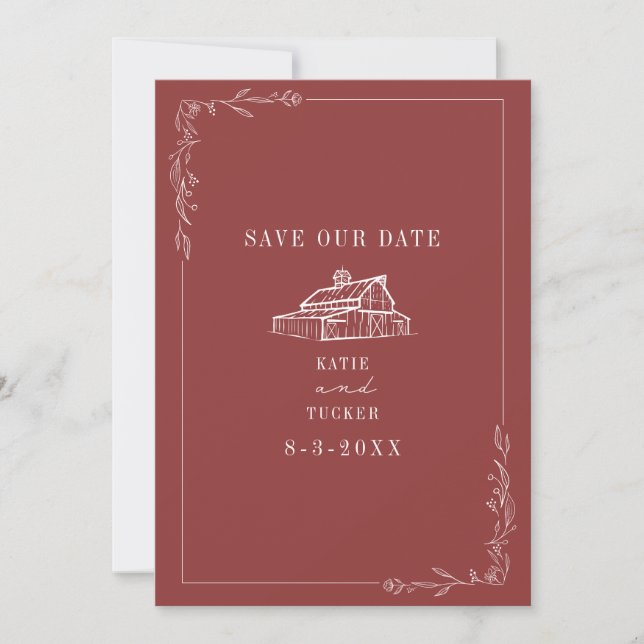 Save The Date Line Art Grange Muted Red Farm Mariage (Devant)