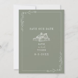 Save The Date Line Art Grange Sage Green Farm Mariage
