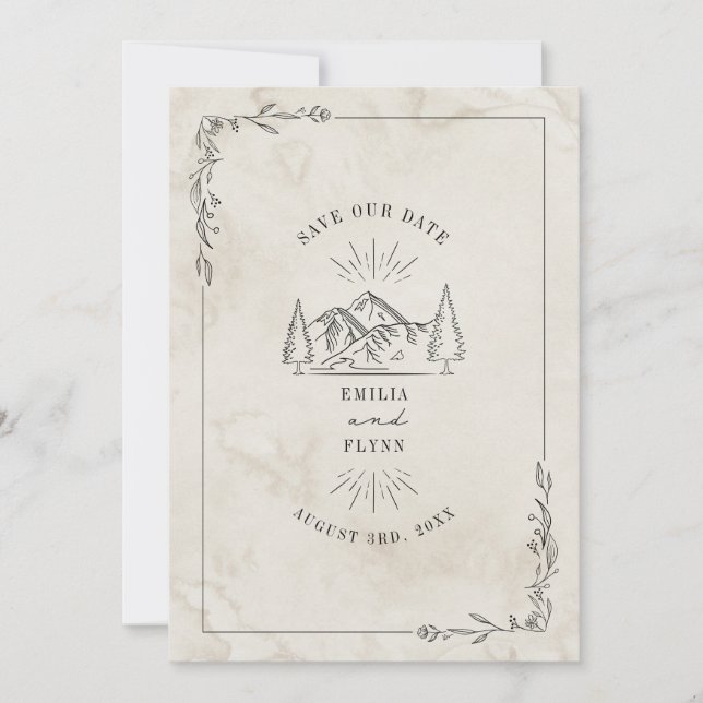 Save The Date Line Art Mountains Mariage aquarelle (Devant)
