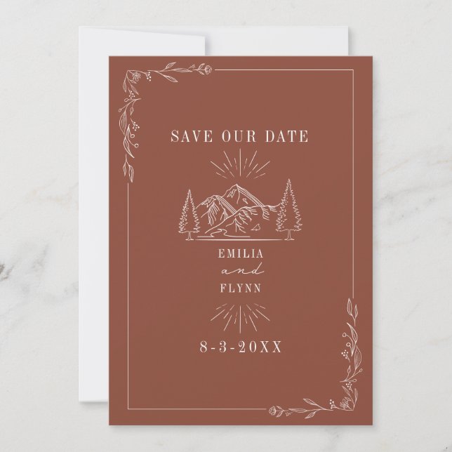 Save The Date Line Art Mountains Terracotta Mariage (Devant)