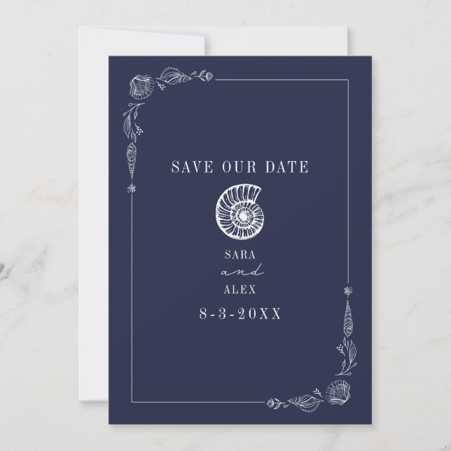 Save The Date Line Art Seashell Dark Blue Rustic Beach Wedding (Devant)