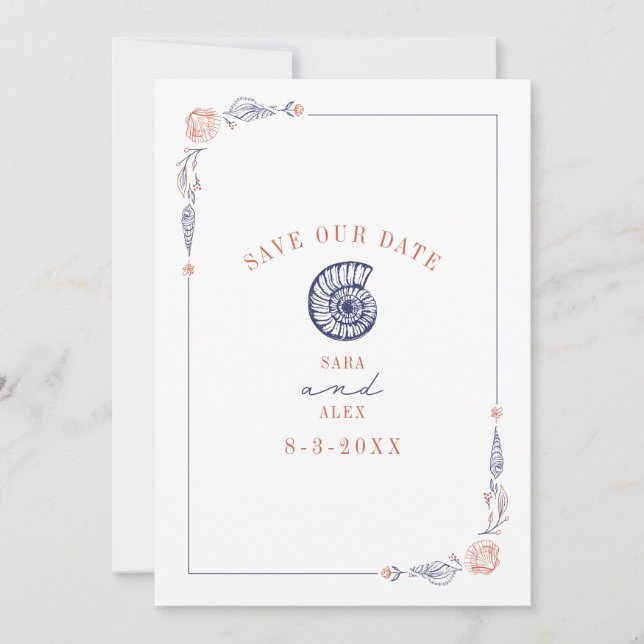 Save The Date Line Art Seashell Red & Blue Rustic Beach Wedding (Devant)
