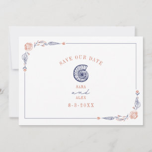 Save The Date Line Art Seashell Red & Blue Rustic Beach Wedding