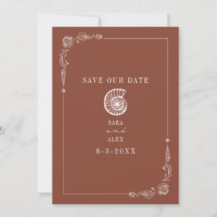 Save The Date Line Art Seashell Terracotta Rustic Beach Wedding
