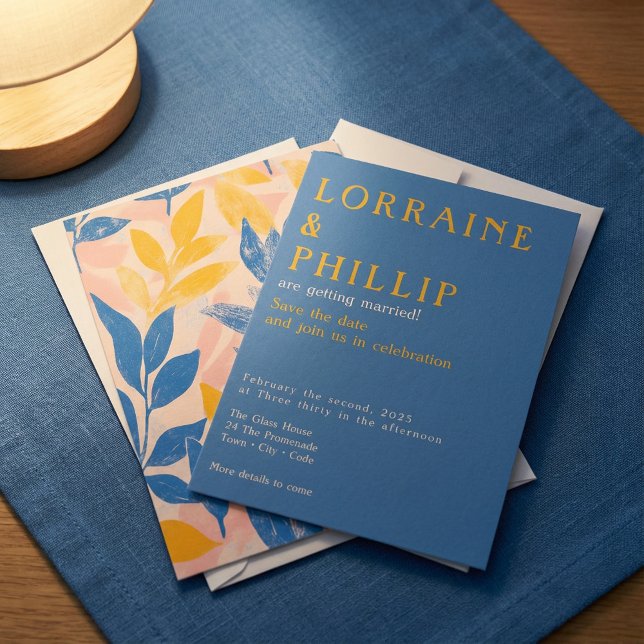 Save The Date Lithographie feuilletée moderne, bleu gras, rose j (Modern Leafy Lithograph, bold blue, yellow pink Save The Date.)