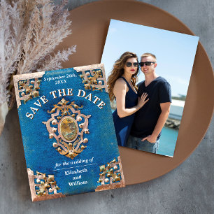 Save The Date Livre Vintage Rustique Bleu et Or Enregistrer la d