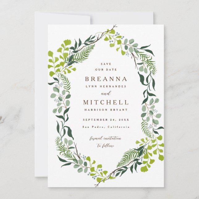 Save The Date Loin d'Eucalyptus Hand-Drawn Greenery Wedding (Devant)