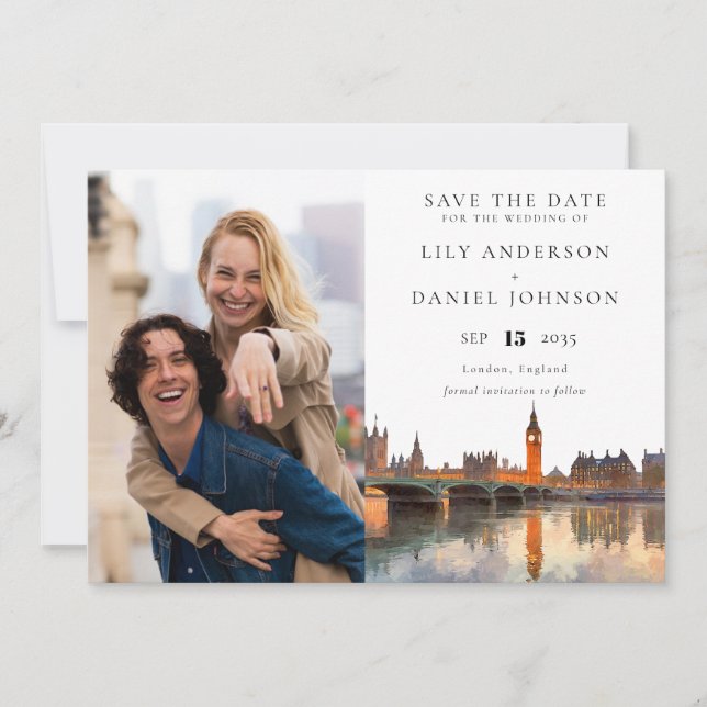Save The Date London Skyline Watercolor Photo Wedding (Devant)
