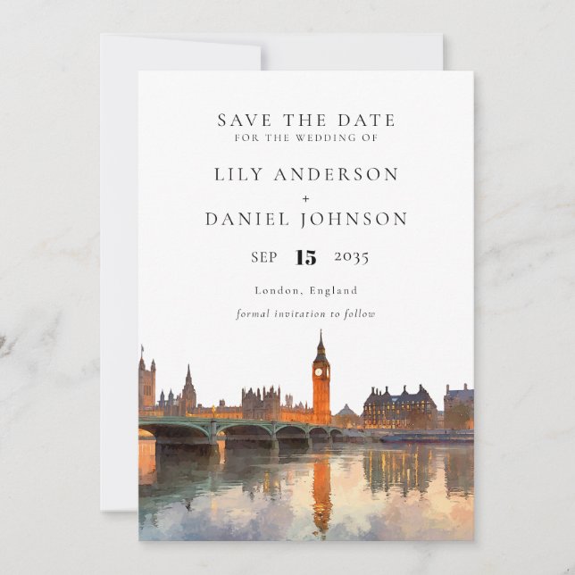 Save The Date Londres Skyline Aquarelle Élégant Mariage (Devant)