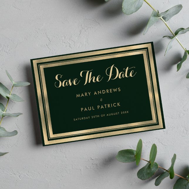 Save The Date L'or vert de la forêt moderne géométrique Enregist (Geometric modern forest green gold Save The Date)