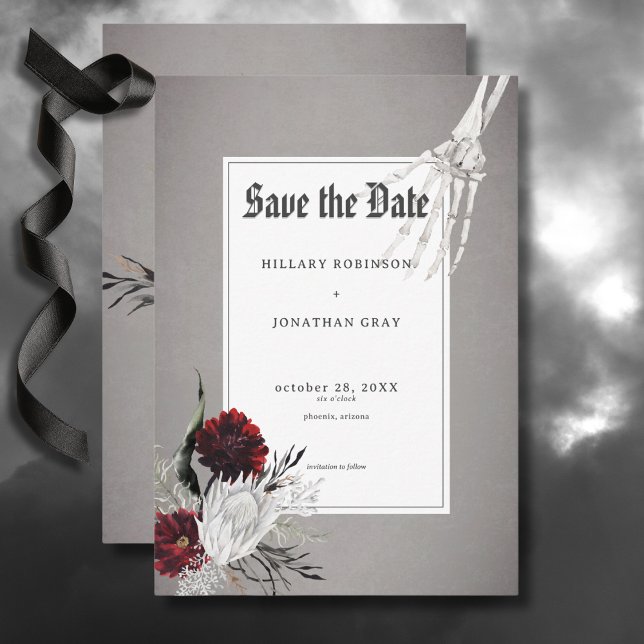 Save The Date Love & Bones Éffrayant Rouge Floral Mariage (Love & Bones Spooky Red Floral Wedding Save the Date Card)