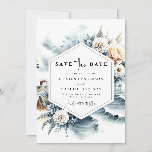 Save The Date Lovely Classic Waves Lighthouse Mariage (Devant)