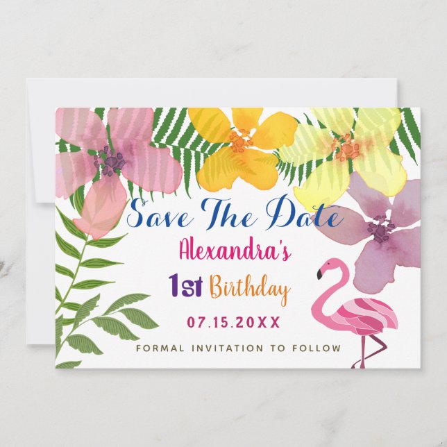 Save The Date Luau Flamant rose 1er anniversaire (Devant)
