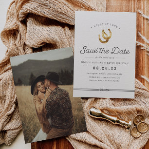 Save The Date Lucky in Love   Rustic Horseshoes Photo