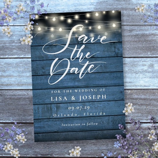 Save The Date Lumières à cordes en bois rustique bleu pour maria (Blue Rustic Wood String Lights Wedding Save The Date)