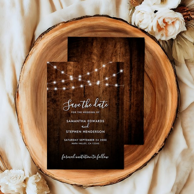 Save The Date Lumières à cordes rustiques et Mariage en bois (Créateur téléchargé)