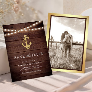 Save The Date Lumières d'ancre dorées nautiques en bois rustique