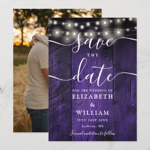 Save The Date Lumières de chaîne violettes Mariage photo bois ru