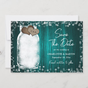 Save The Date Lumières de corde de pot de maçon sarcelle Mariage