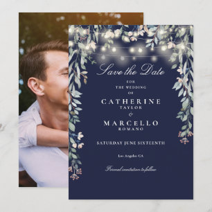 Save The Date Lumières de corde florales bleu marine Photo maria