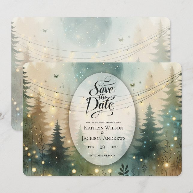 Save The Date Lumières de Fée de Mariage Forêt de Pin Capriceuse (Devant / Derrière)