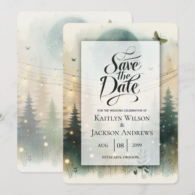 Save The Date Lumières de Fée de Mariage Forêt de Pin Capriceuse (Devant / Derrière)