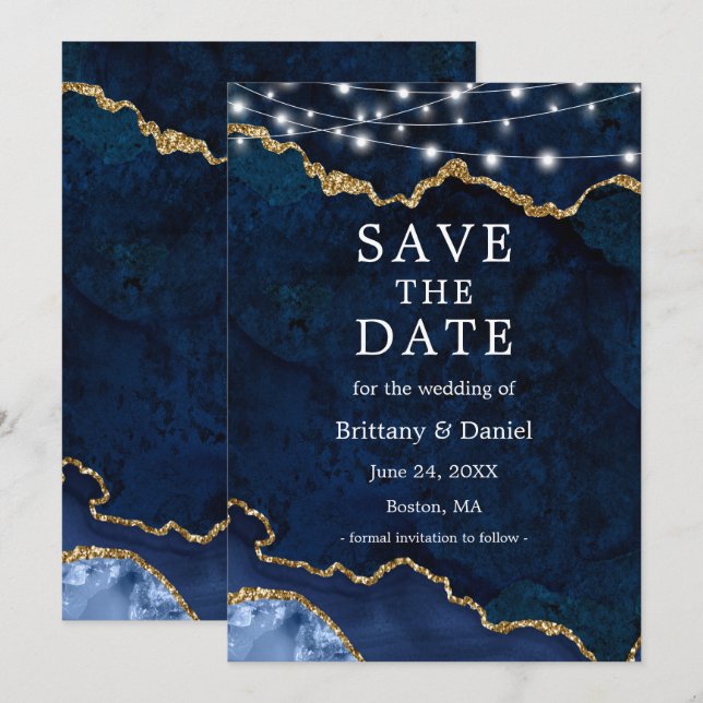 Save The Date Lumières de géode d'agate de marbre bleu aquarelle (Devant / Derrière)