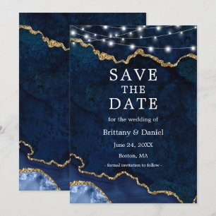 Save The Date Lumières de géode d'agate de marbre bleu aquarelle