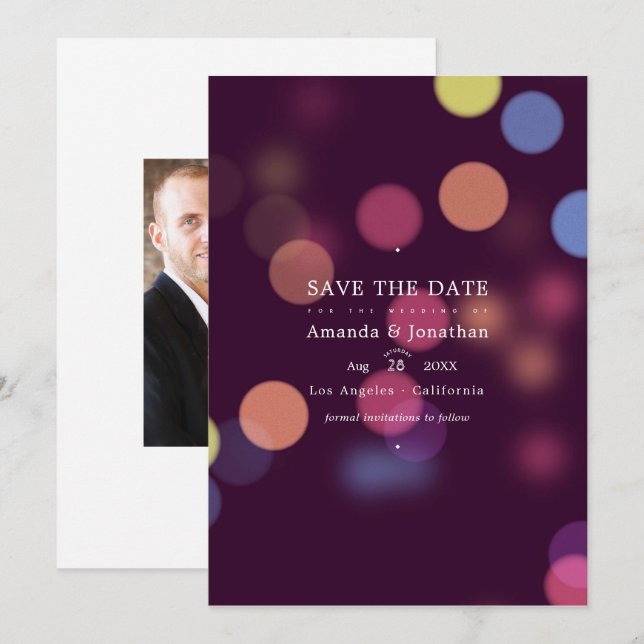 Save The Date Lumières de mariage Bokeh Moderne Classique (Devant / Derrière)