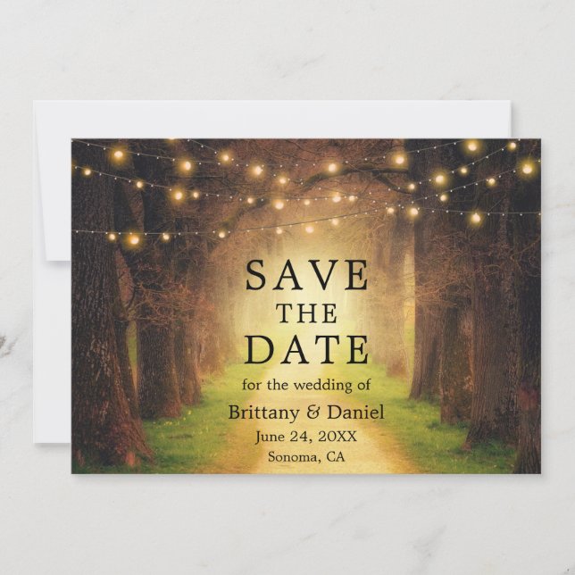 Save The Date Lumières de mariage de chemin forestier rustique e (Devant)