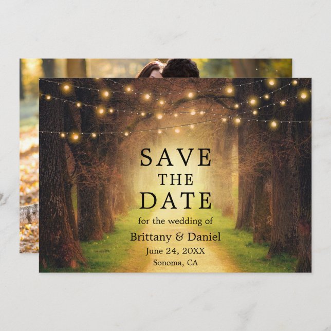 Save The Date Lumières de mariage de chemin forestier rustique P (Devant / Derrière)