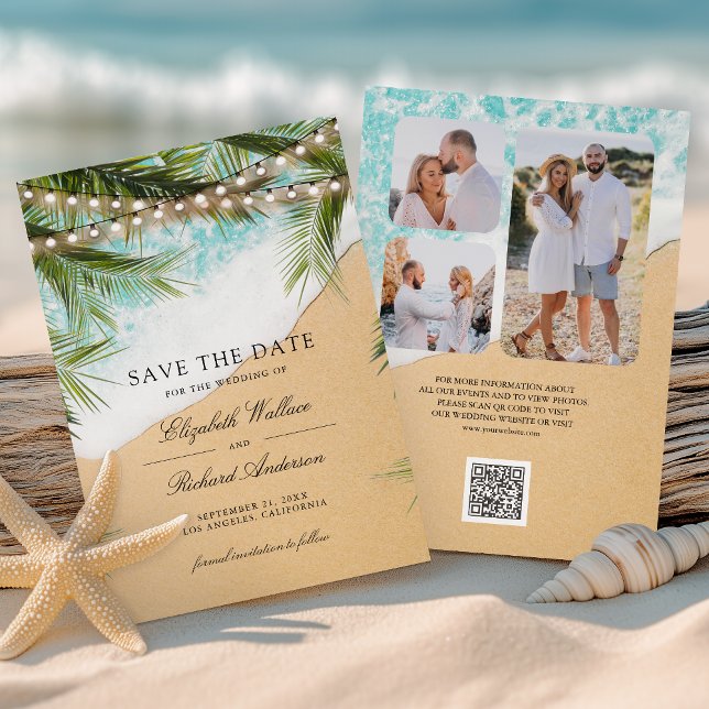Save The Date Lumières de plage tropicale Photo QR Code Mariage (Créateur téléchargé)