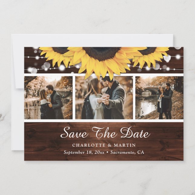 Save The Date Lumières de tournesol en bois rustique Mariage Pho (Devant)