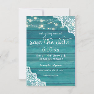 Save The Date Lumières dentelles et cordes en bois bleu
