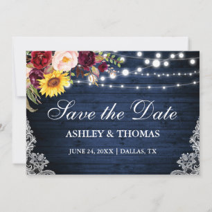 Save The Date Lumières en bois bleu rustique en dentelle florale